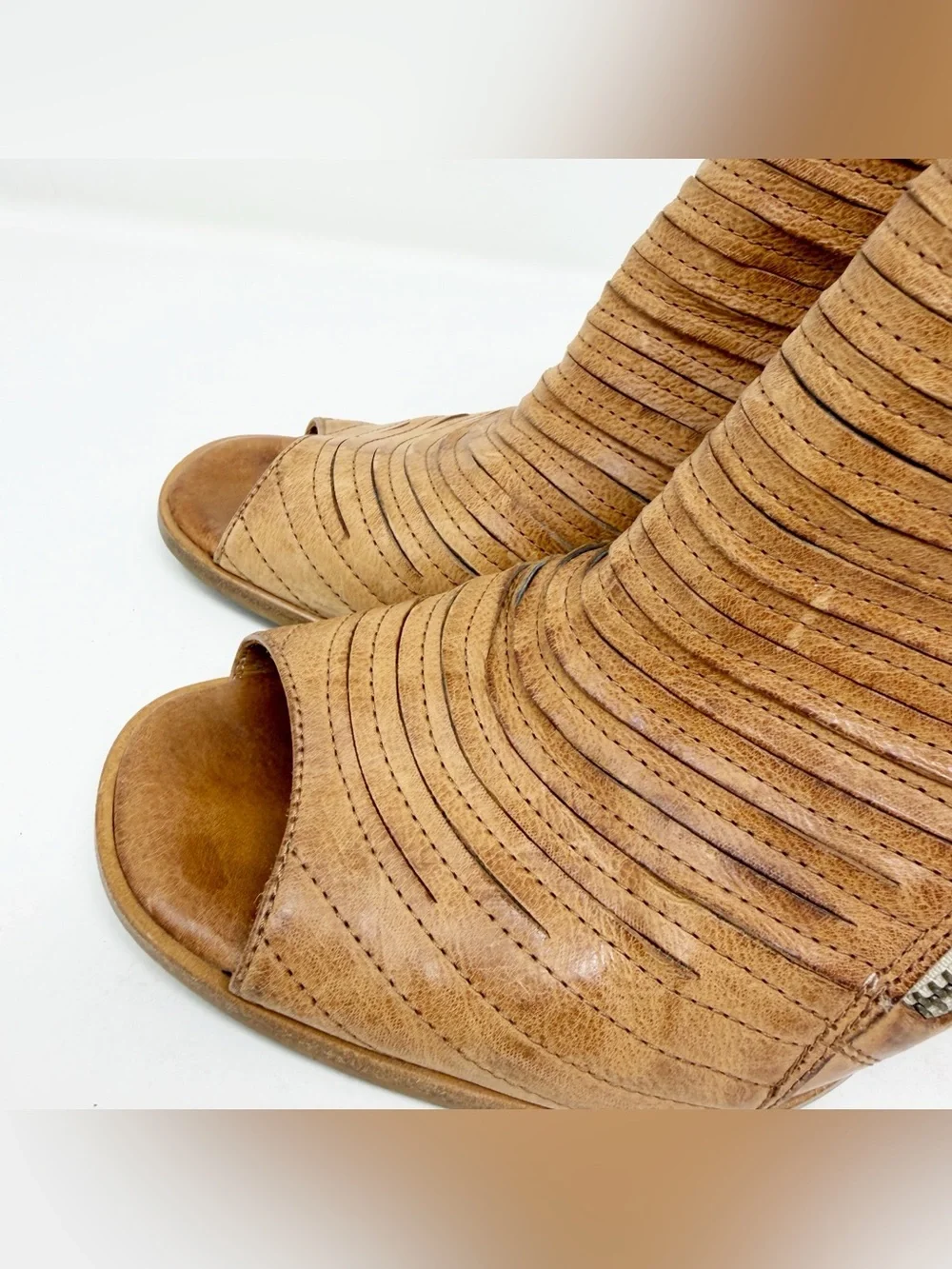 Paul Green Cayanne Sliced Leather Peep Toe Booties Cognac Zip Heel 6.5 US 9